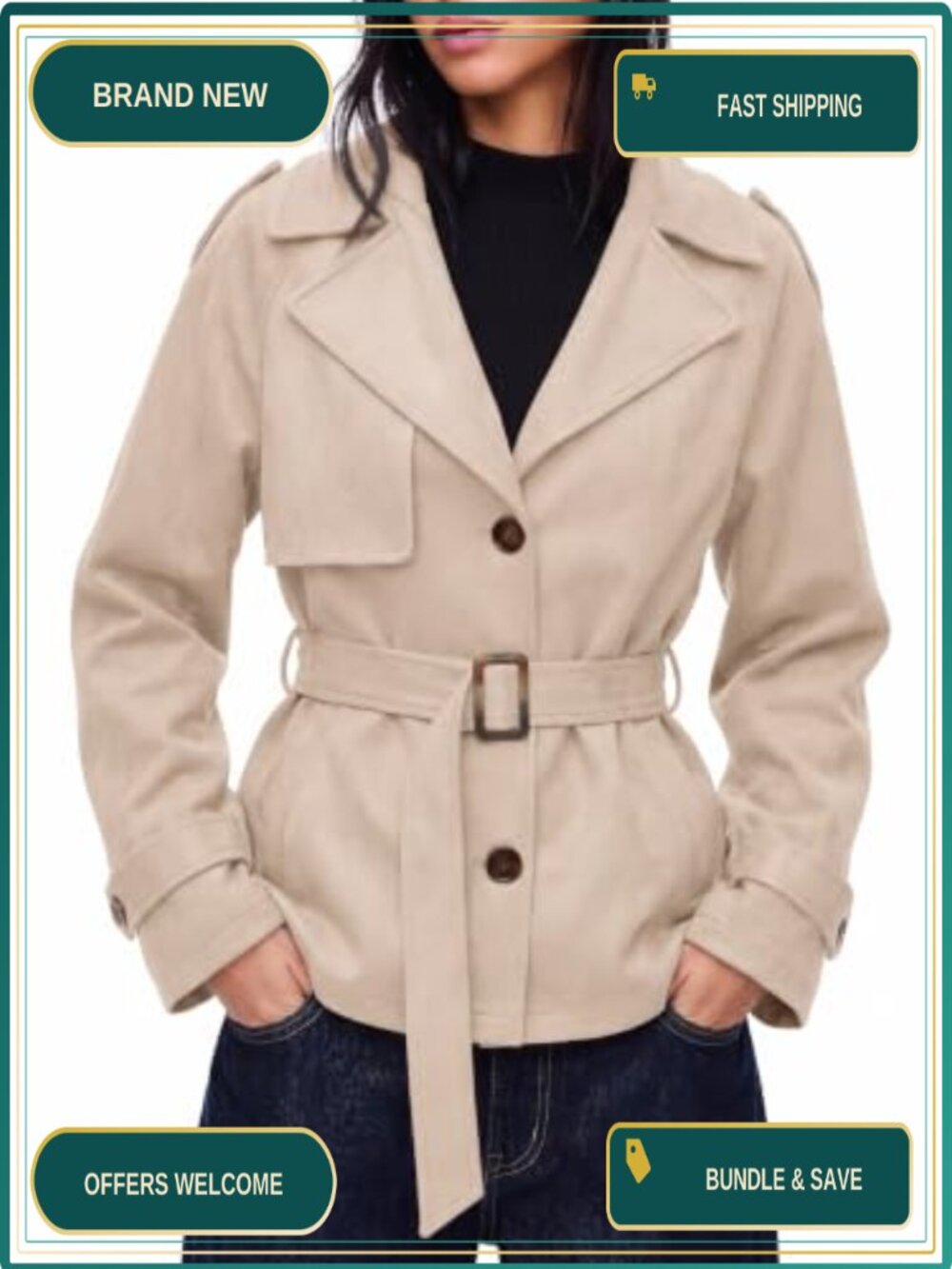 Faux Suede Trench Coat with Belt Short Casual Jacket